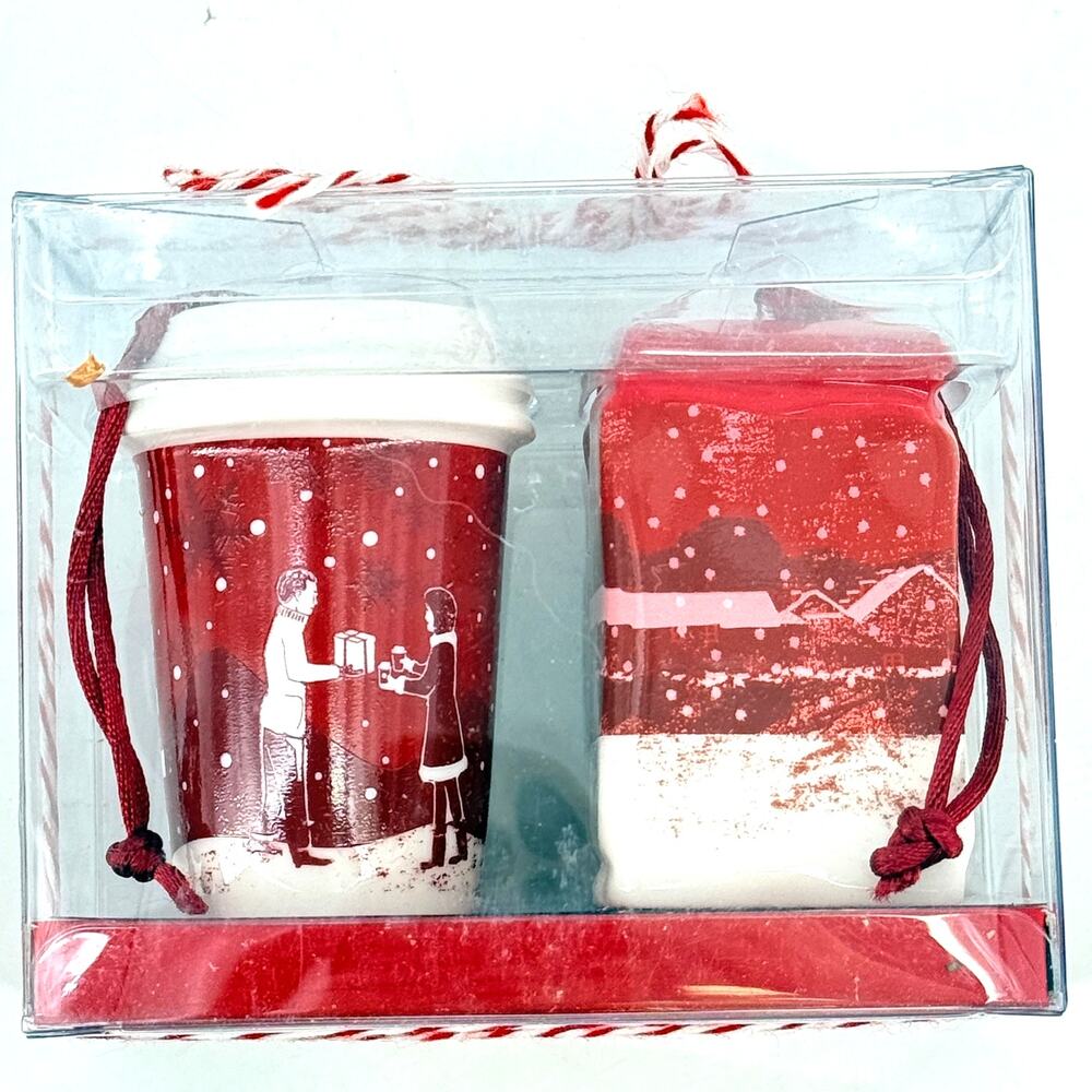 Starbucks 2007 Christmas Blend Coffee Ornament Set Of 2 Red Coffee Cup Boxed - Picture 4 of 4